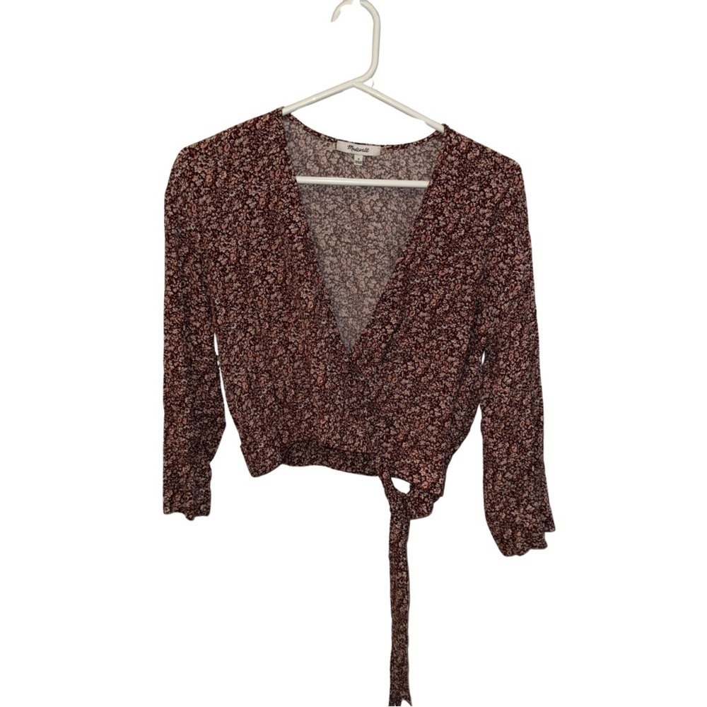 Madewell Brown and White 3/4 Sleeve Wrap Blouse